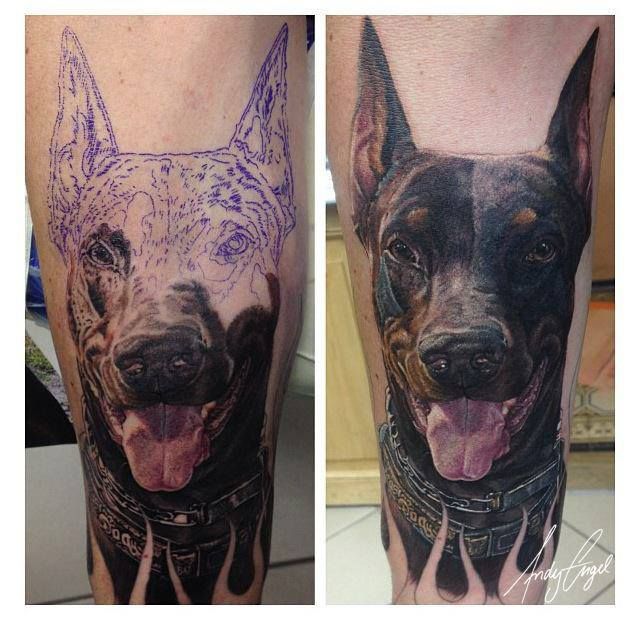 Great black lovely dog tattoo on leg