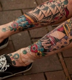 Great looking ship tattoo on leg