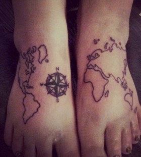 Incredible black map tattoo on legs