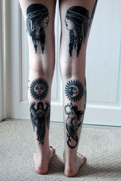 Indian girl and sun tattoo on leg