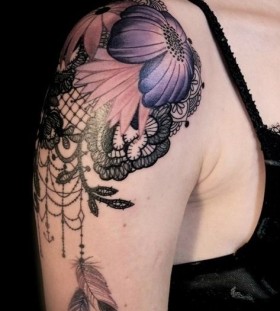 Lace and purple flower black shoulder tattoo