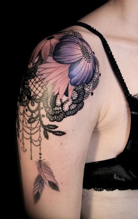Lace and purple flower black shoulder tattoo
