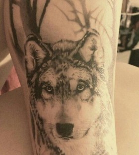 Large tree and wolf tattoo on leg