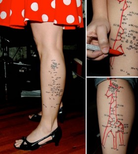 Lovely giraffes map tattoo on legs