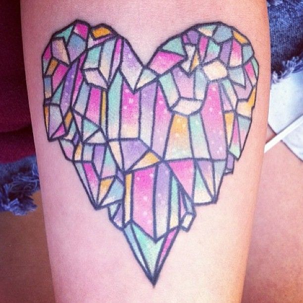 Lovely heart crystal tattoo on leg