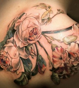 Lovely white flowers rose tattoo on shoulder