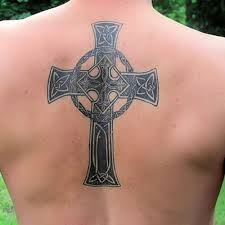 Men's awesome back cross tattoo