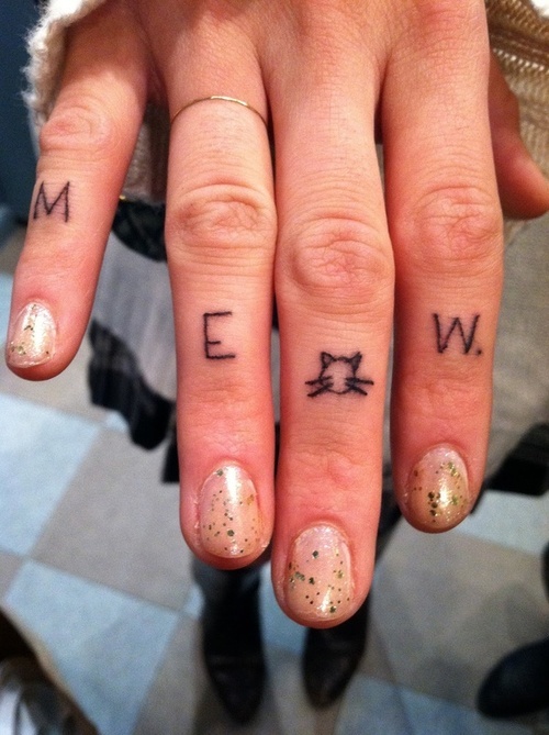 Meow letters cat tattoo on finger