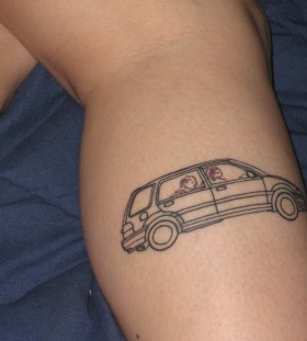 Peoples inside black funny car tattoo on leg