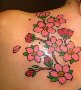 Pink and red cherry tattoo on arm