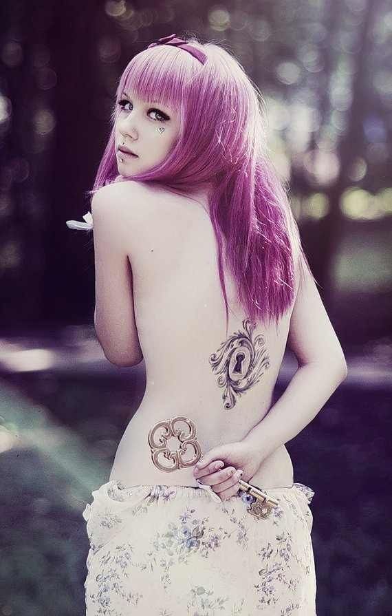 Pink hair girl keyhole tattoo