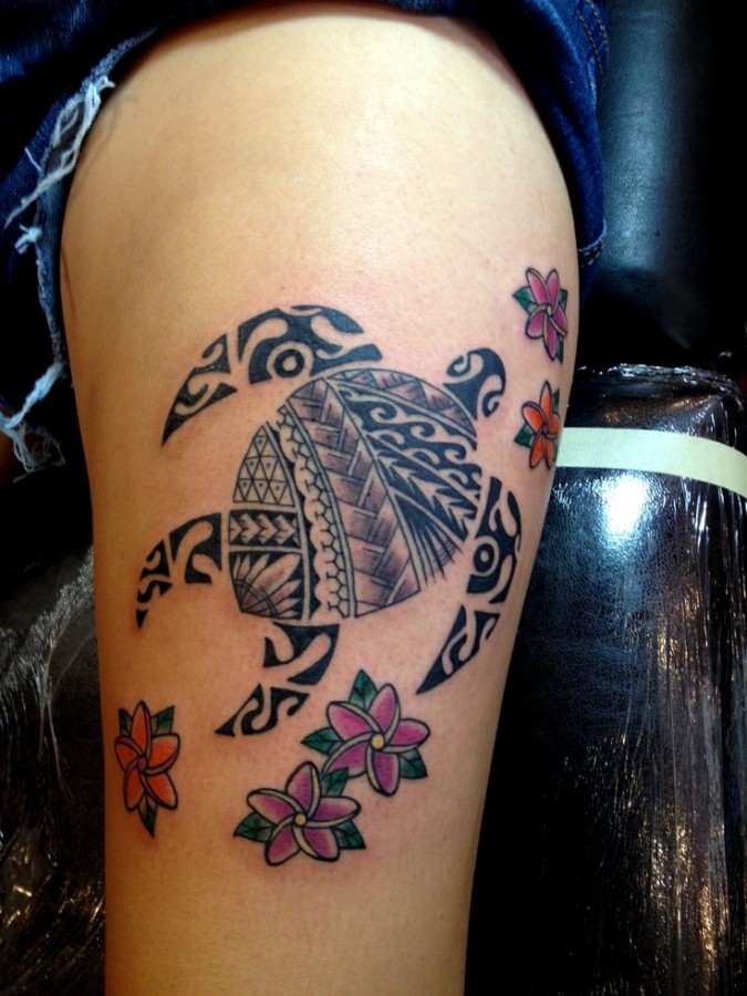Pretty flowers and black turtle hawaiian style tattoo