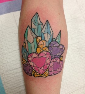 Pretty heart and crystal tattoo on leg