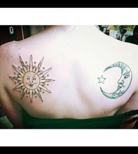 Pretty sun and blue moon tattoo on shoulder