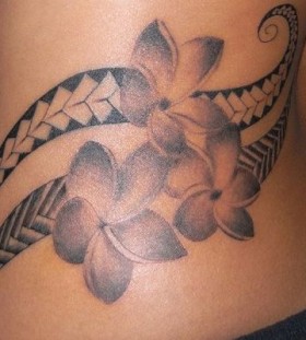 Purple and black flowers hawaiian style tattoo