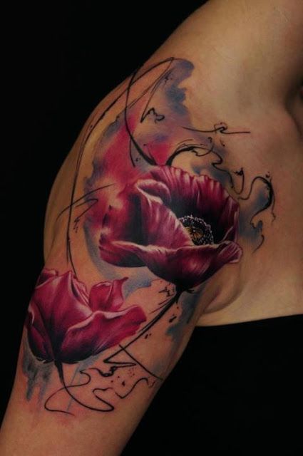 Purple poppy and black shoulder tattoo