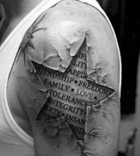Quote, star, letters soldier tattoo on arm