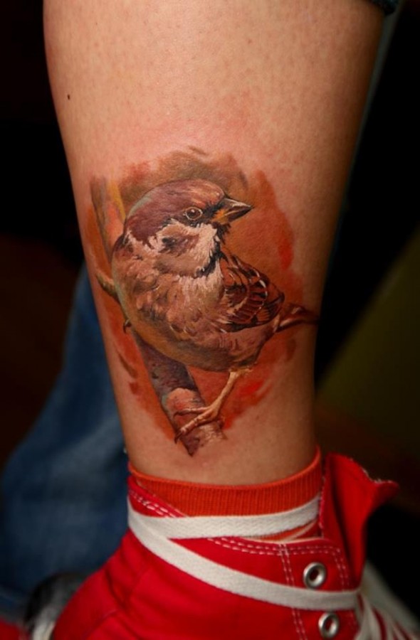 Realistic adorable bird tattoo by Dimitry Samohin
