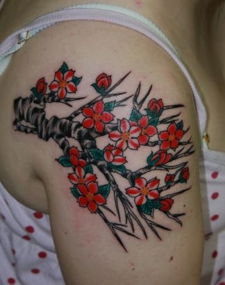 Red and black cherry tattoo on arm