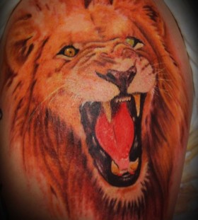 Red angry lion tattoo on leg