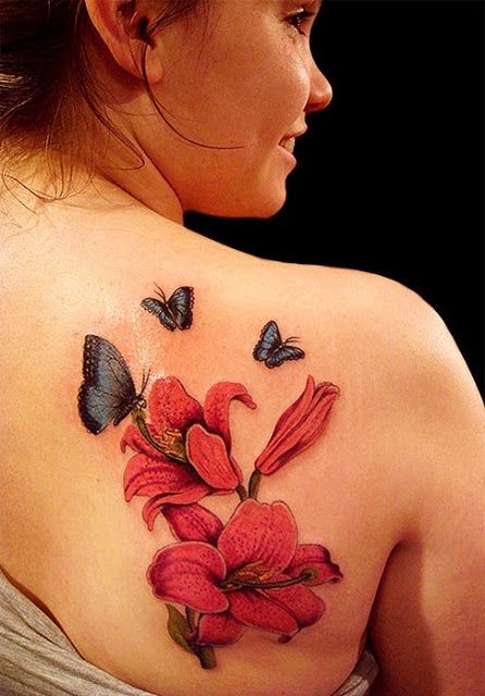 Red flower and blue with red butterfly tattooo