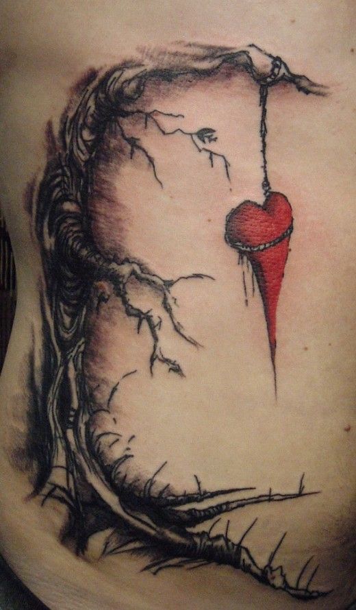 Red heart and black tree interesting design tattoo
