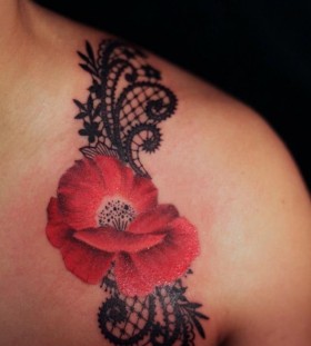 Red poppy and lace black shoulder tattoo