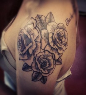 Roses and letters black shoulder tattoo