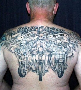 Skull brothers bicycle tattoo on back