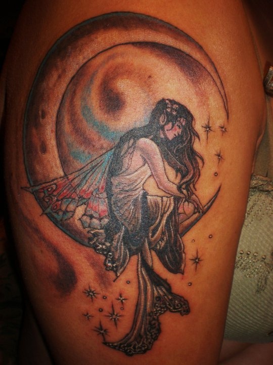 Stars and lovely moon tattoo on shoulder
