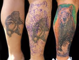Three awesome bear tattoo on leg