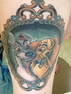 Two funny dogs tattoo on leg