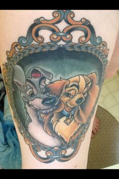 Two funny dogs tattoo on leg