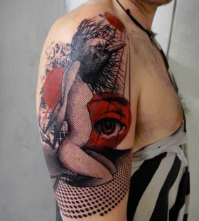 Women and red eye tattoo by Xoil