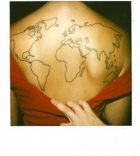 World black map tattoo on back
