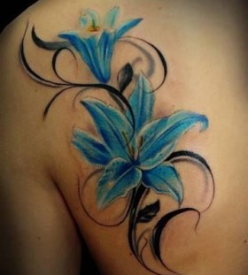 Yellos and black blue flowers tattoos