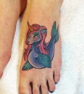 unicorn seahorse tattoo on foot