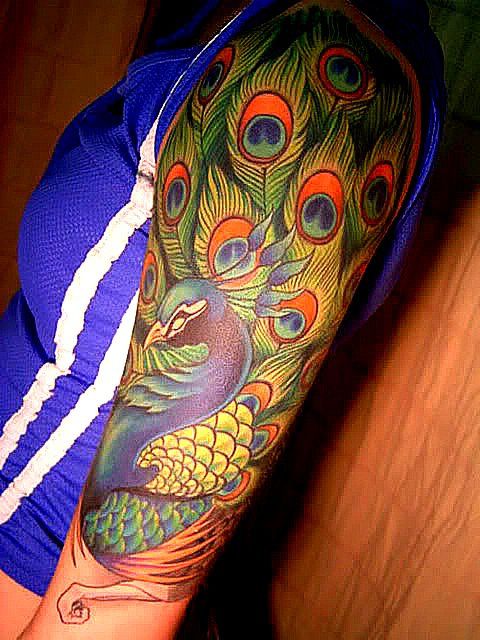 Amazing colors peacock tattoo