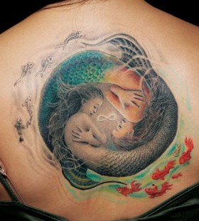 Back two amazing fishes and mermaid tattoo