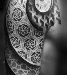 Black and white geometric shoulder, back tattoo