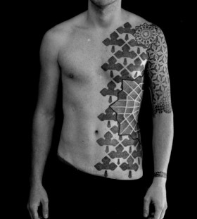 Black and white style geometric shoulder, back tattoo