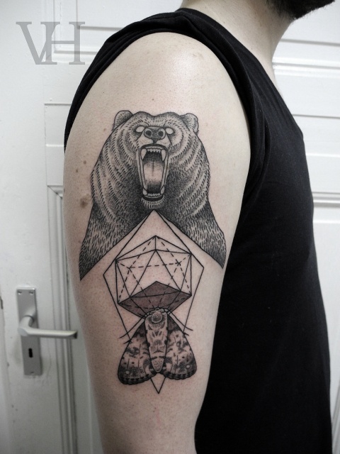 Black bear and geometric shoulder, back tattoo