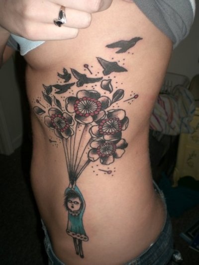 Black birds with girl and bubbles tattoo