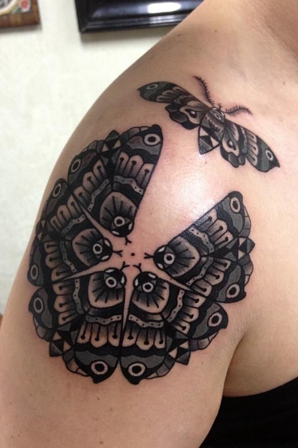Black butterflies geometric shoulder, back tattoo