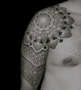 Black men's geometric shoulder, back tattoo