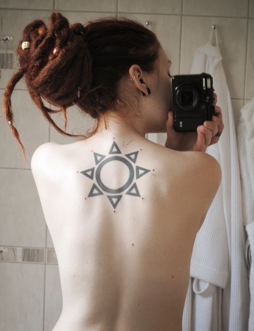 Black sun geometric shoulder, back tattoo