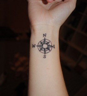 Black wrist compass tattoo on arm
