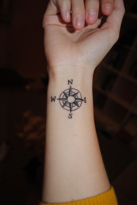 Black wrist compass tattoo on arm