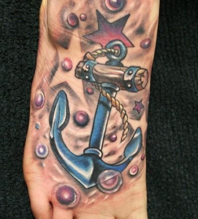 Blue anchor with bubbles tattoo