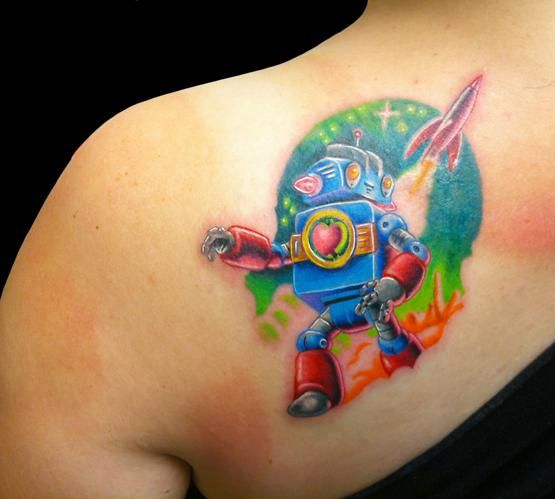 Bright blue style robbot tattoo